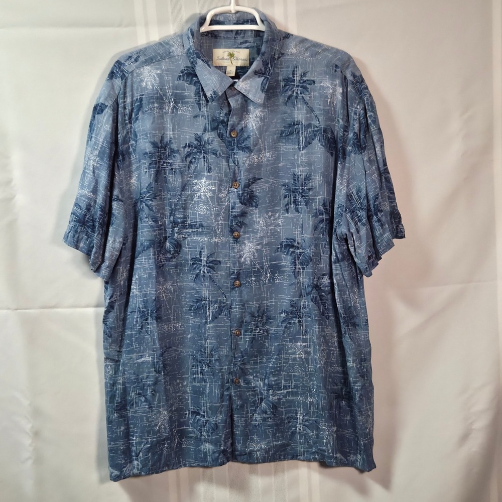 Island Shores Shirt Mens XL Blue Palm Tree Tropical Rayon Short Sleeve Button Up